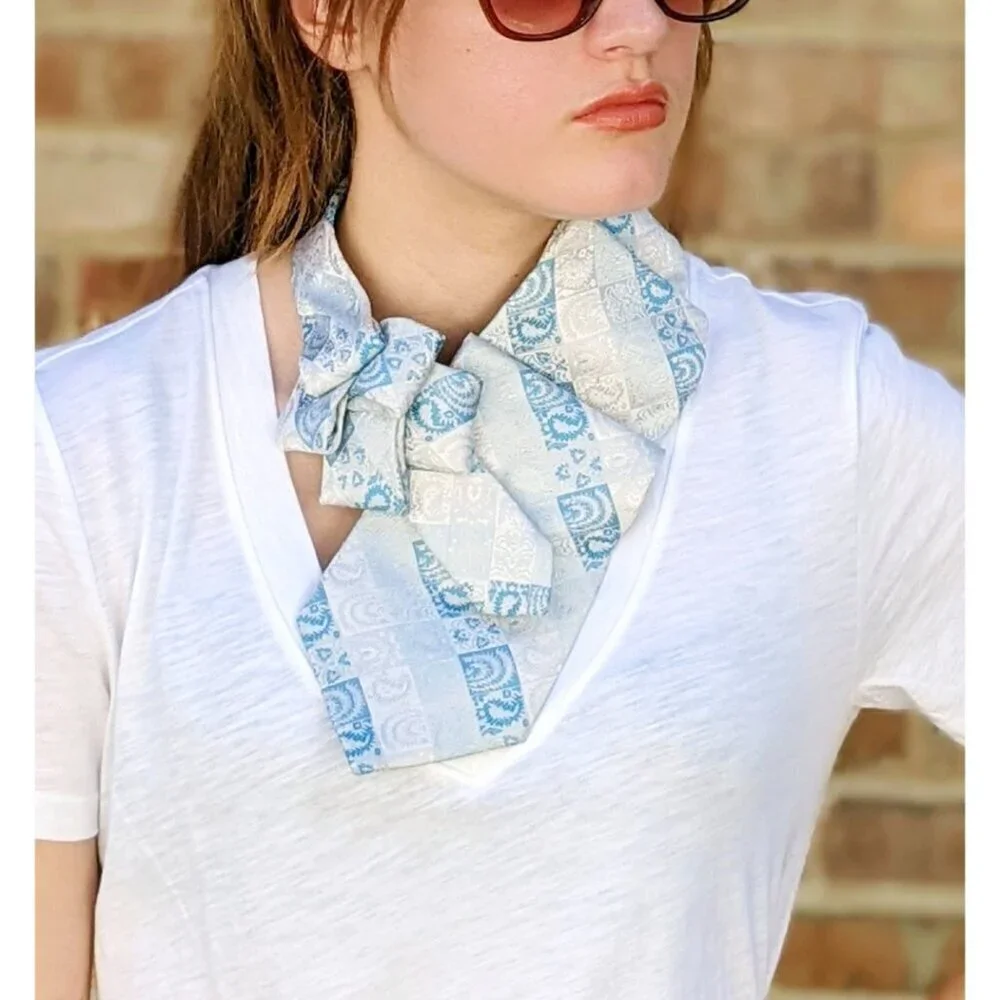 Vintage Blue And Silver Ascot - Androgynous Style - Unique Scarf.